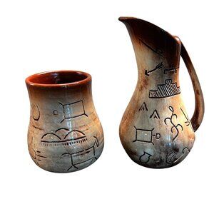 Vintage Rosemary's Ceramic pitcher and cup set primitive stoneware petroglyph sy